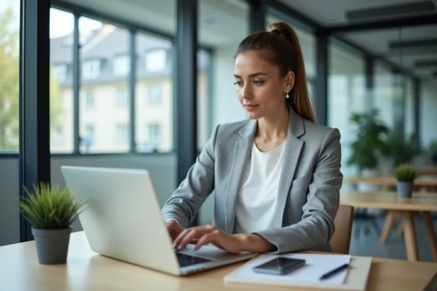 Femme professionnelle utilisant un portail RH en ligne sur un ordinateur portable dans un bureau moderne à Grenoble