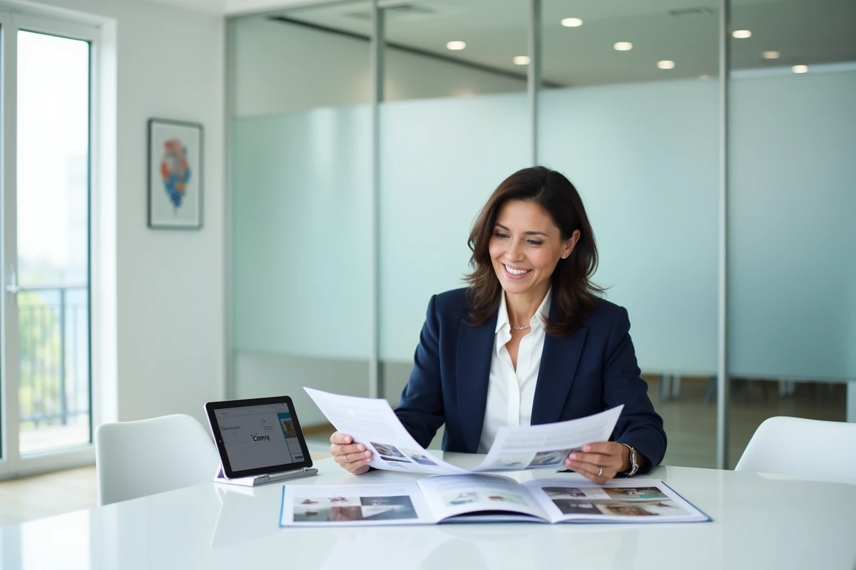 Femme présentant des créations réalisées avec Canva lors d'une réunion professionnelle