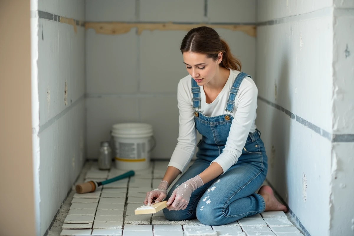 Femme posant du carrelage dans une salle de bain en cours de rénovation lors d'un apprentissage du bricolage