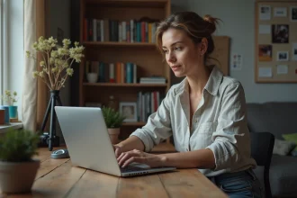 Femme en reconversion professionnelle étudiant des cours de photographie sur un ordinateur portable dans un studio à domicile