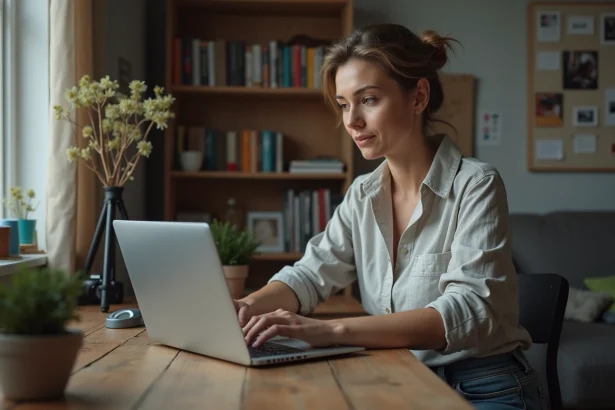 Femme en reconversion professionnelle étudiant des cours de photographie sur un ordinateur portable dans un studio à domicile