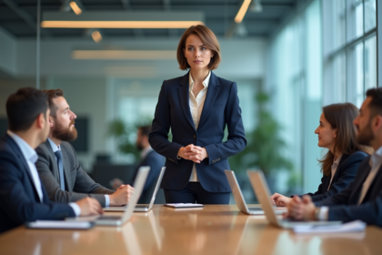 Femme en réunion d'affaires avec collègues dans une salle moderne