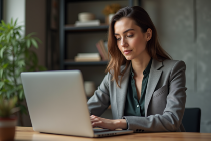 Femme en blazer révisant son CV sur un ordinateur dans un bureau