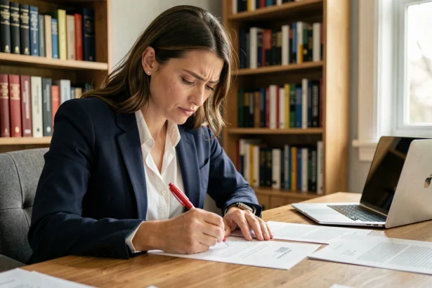 Femme professionnelle révisant une lettre de motivation manuscrite avec un stylo rouge sur un bureau en bois, dans un bureau à domicile