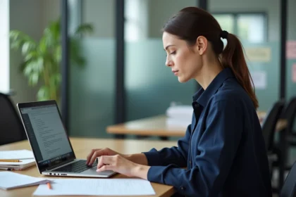 Femme en blouse bleue examine des transcriptions sur son ordinateur