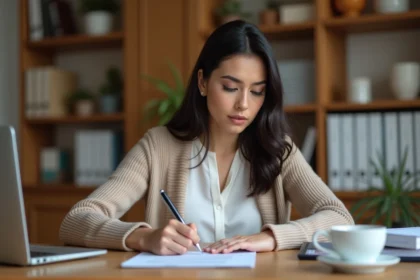 Jeune femme signant un document à domicile