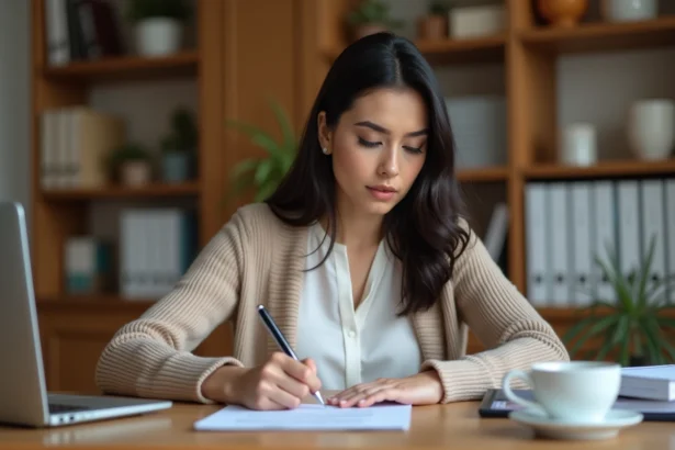 Jeune femme signant un document à domicile