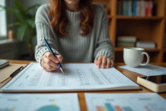 Femme annotant un tableau de connecteurs logiques classés par fonction dans un carnet sur un bureau en bois