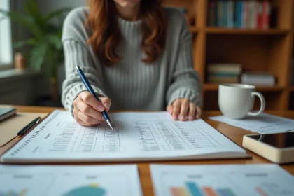 Femme annotant un tableau de connecteurs logiques classés par fonction dans un carnet sur un bureau en bois