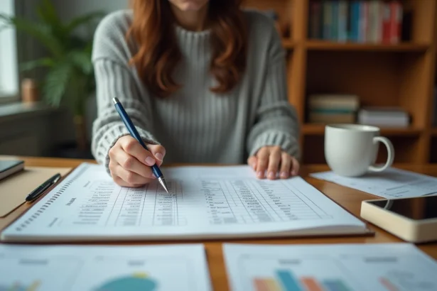 Femme annotant un tableau de connecteurs logiques classés par fonction dans un carnet sur un bureau en bois