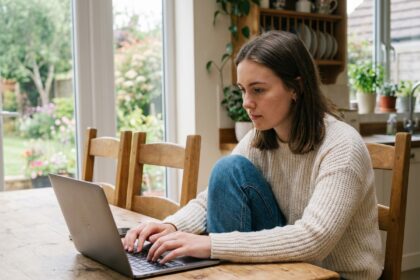 Jeune femme concentrée travaillant à la maison dans une cuisine lumineuse