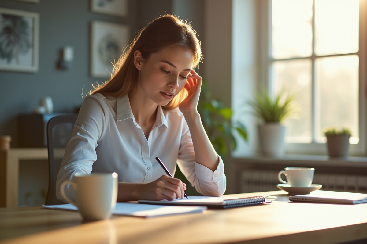 Femme concentrée à son bureau minimaliste le matin