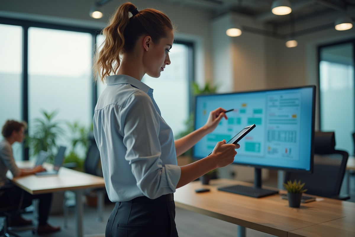 Jeune femme utilisant une tablette pour annoter un diagramme