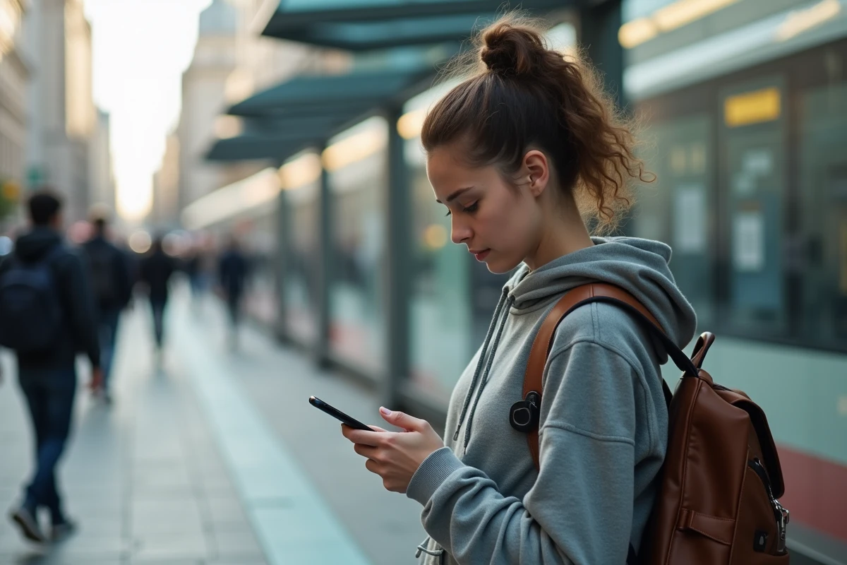 Jeune femme dans la ville utilisant son téléphone en attente du tram