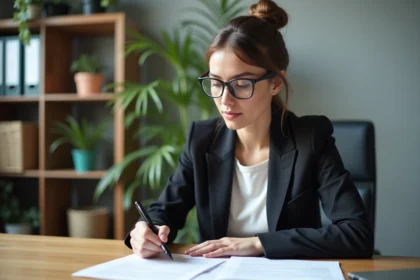 Jeune femme en blazer vérifiant des documents au bureau