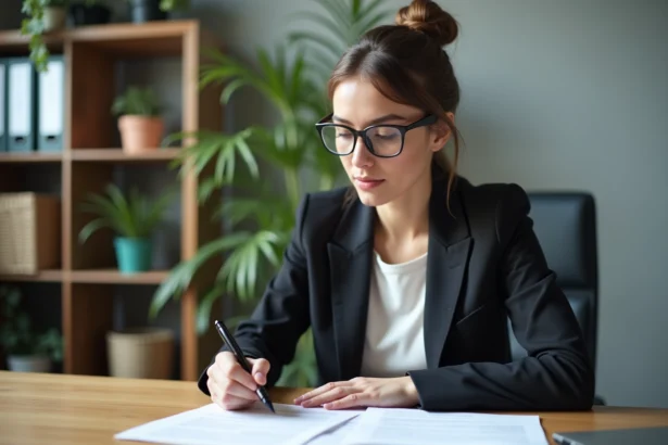 Jeune femme en blazer vérifiant des documents au bureau