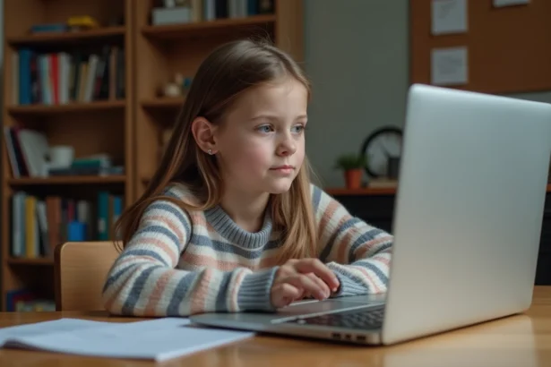 Jeune fille en pull rayé concentrée devant son ordinateur à la maison