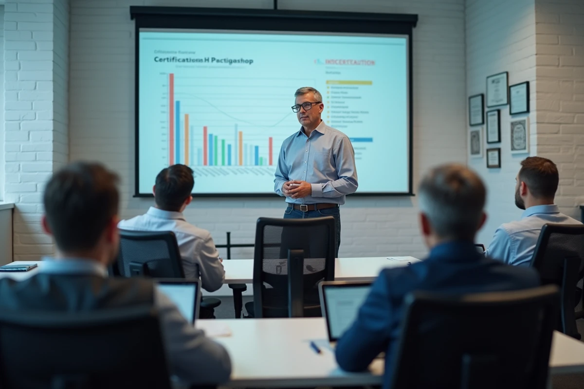 Formateur BTP présentant un parcours de certification CPF éligible à un groupe de stagiaires dans une salle de formation professionnelle