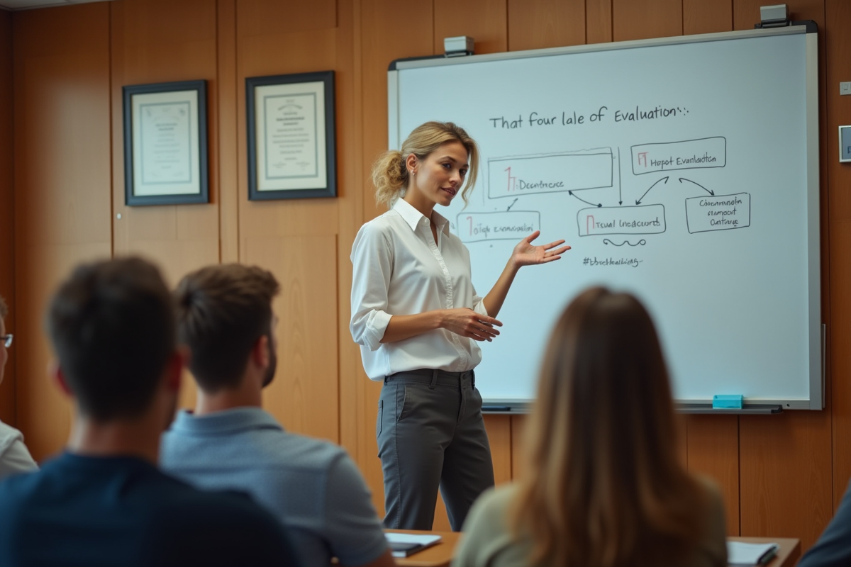 Formateur féminin expliquant les niveaux d