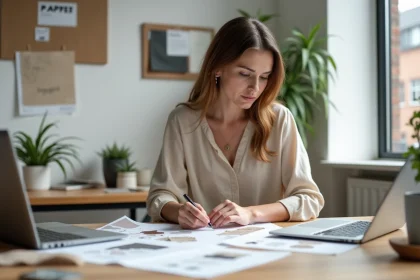 Femme étudiant la formation en aménagement intérieur en ligne depuis son bureau à domicile avec des planches d'inspiration et des échantillons de matières