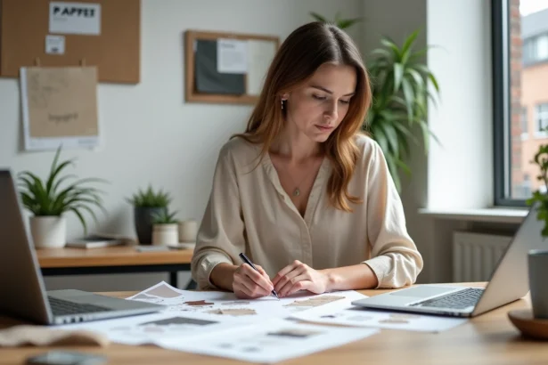 Femme étudiant la formation en aménagement intérieur en ligne depuis son bureau à domicile avec des planches d'inspiration et des échantillons de matières