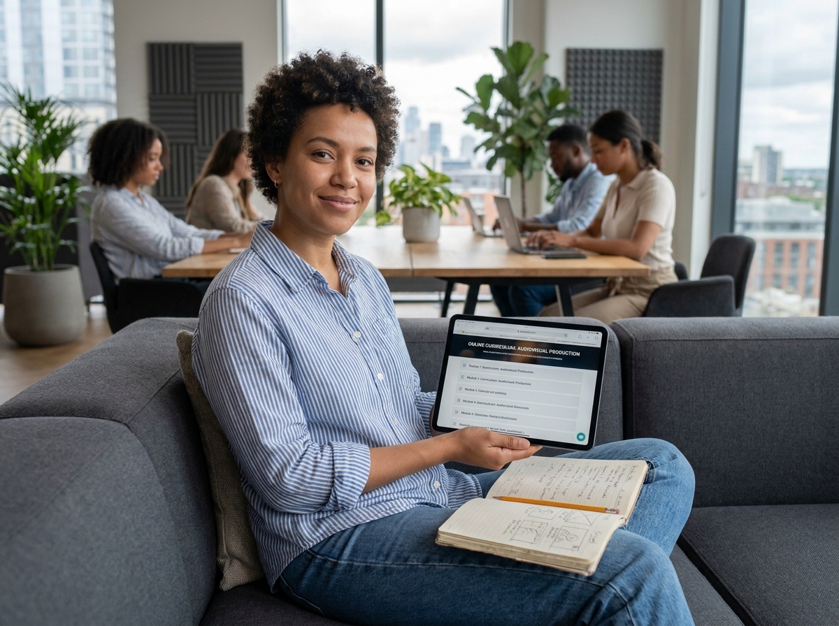 Jeune femme consultant un programme de formation en audiovisuel en ligne sur tablette dans un espace de coworking moderne, alternative aux grandes écoles de cinéma