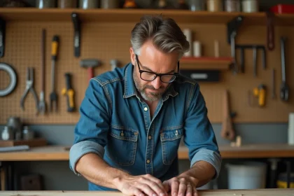 Homme en cours de formation bricolage mesurant une planche en bois dans un atelier maison bien organisé