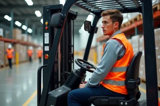 Jeune cariste débutant au volant d'un chariot élévateur lors d'une formation CACES 1 3 en entrepôt logistique
