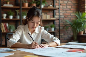 Étudiante en formation design intérieur travaillant sur des croquis et échantillons de matériaux dans un studio créatif
