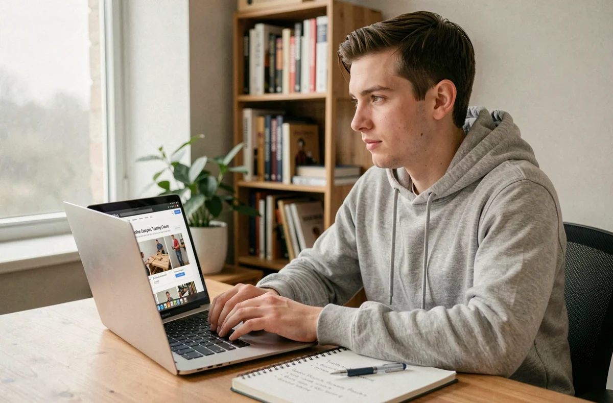 Jeune adulte comparant les prix d'une formation menuiserie en ligne sur ordinateur portable depuis son domicile