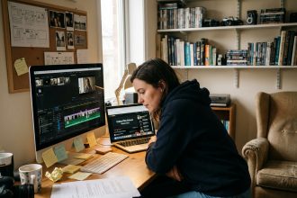 Jeune femme en formation audiovisuelle montant une vidéo sur son ordinateur dans un studio maison, entourée de scripts et de références cinématographiques