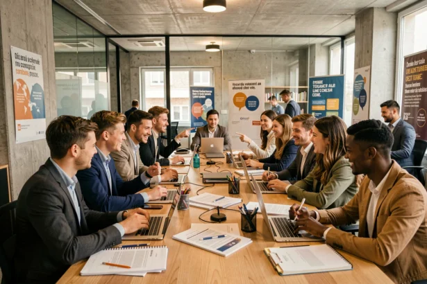 Groupe d'étudiants en alternance collaborant dans un centre de formation moderne en Essonne