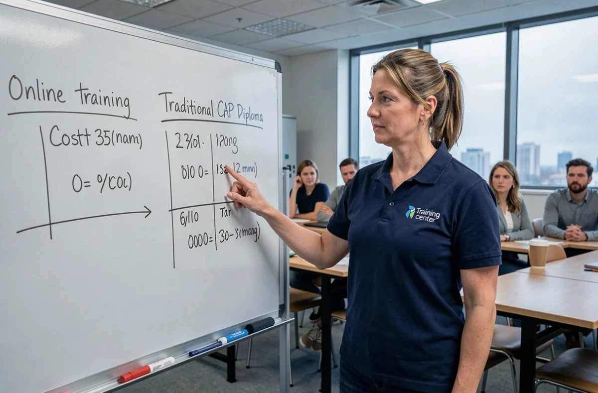 Formatrice expliquant les prix de formation menuiserie en ligne comparés au CAP classique dans une salle de cours