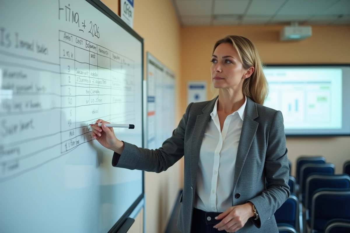 Formatrice FIMO présentant le détail des frais de formation dans une salle de cours professionnelle