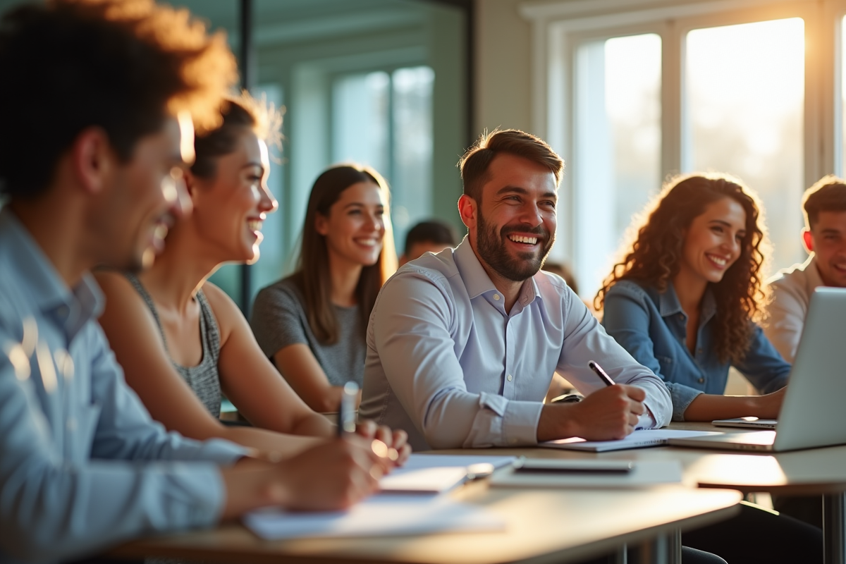 Groupe d adultes souriants en classe moderne apprenant des langues