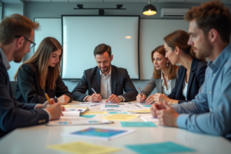 Groupe d'apprenants adultes en discussion dans une salle moderne