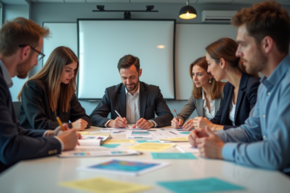 Groupe d'apprenants adultes en discussion dans une salle moderne