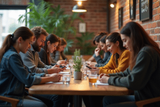 Groupe divers d'adultes dans un café urbain chaleureux