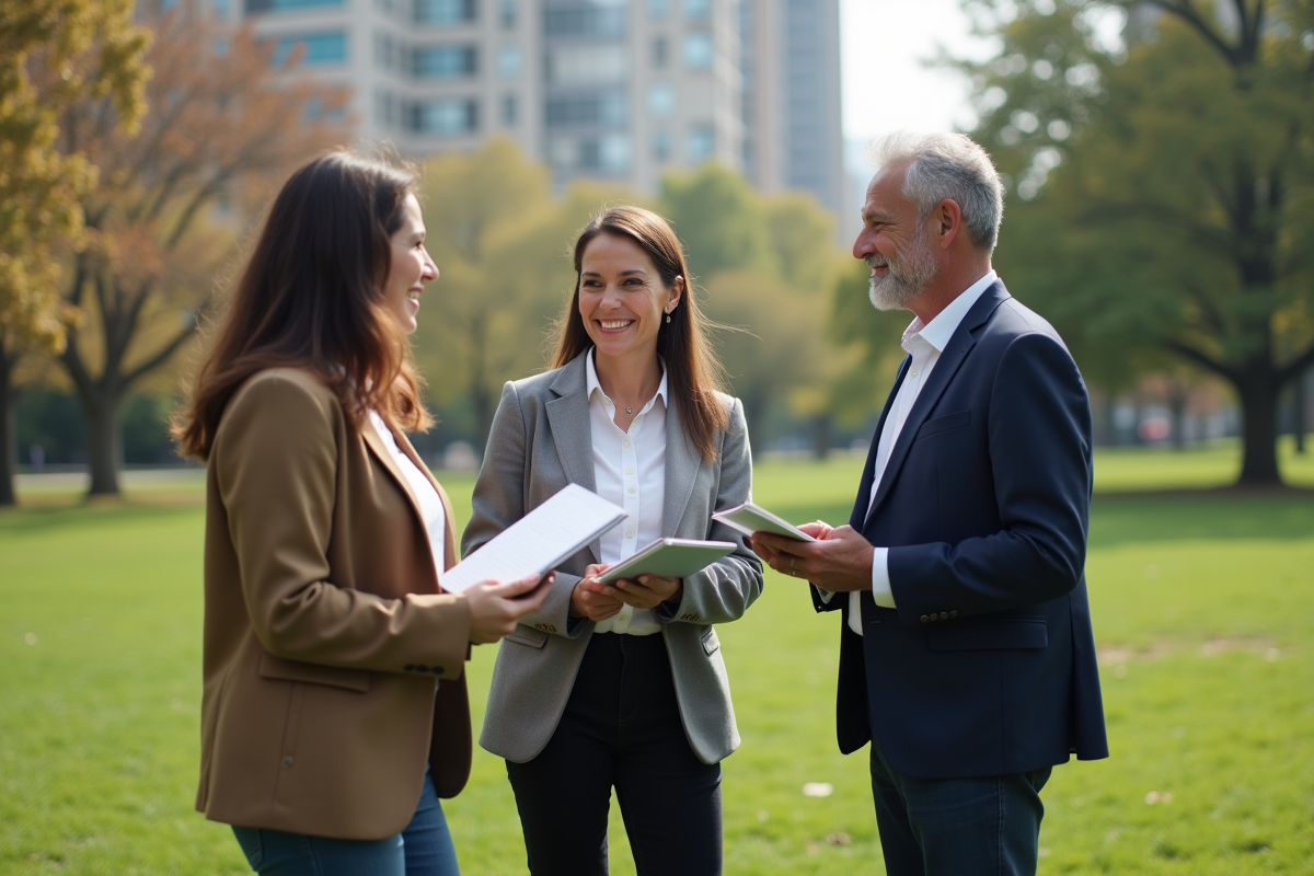 Groupe de leaders en coaching en plein air dans un parc urbain