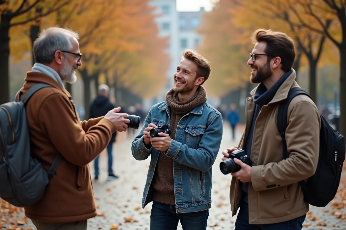 Groupe d'adultes en reconversion participant à un cours de photographie en plein air dans un parc urbain en automne