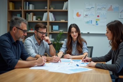 Groupe de quatre adultes en réunion dans un bureau moderne