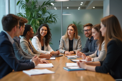 Groupe de professionnels en réunion dans un bureau moderne