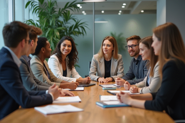 Groupe de professionnels en réunion dans un bureau moderne
