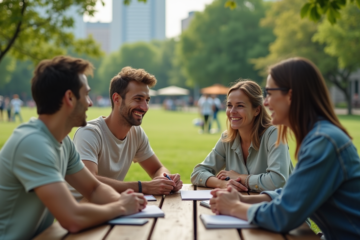 Groupe de personnes discutant dans un parc en extérieur
