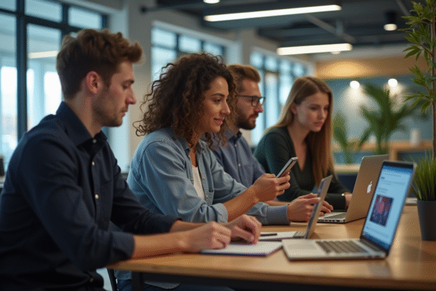 Groupe d'employes en coworking regardant leurs écrans