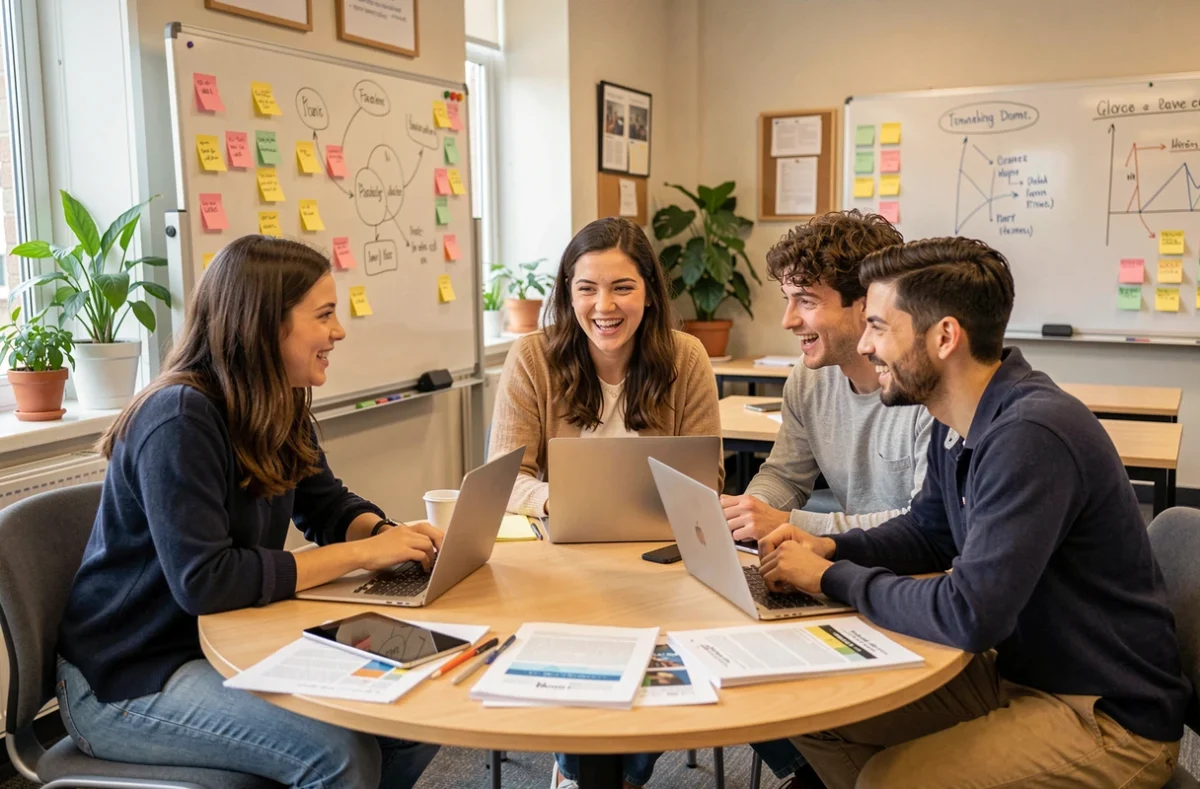 Groupe d'étudiants en formation collaborant autour d'une table dans une salle de cours moderne, représentant l'esprit d'équipe et les compétences développées à l'Académie Tic et Tac