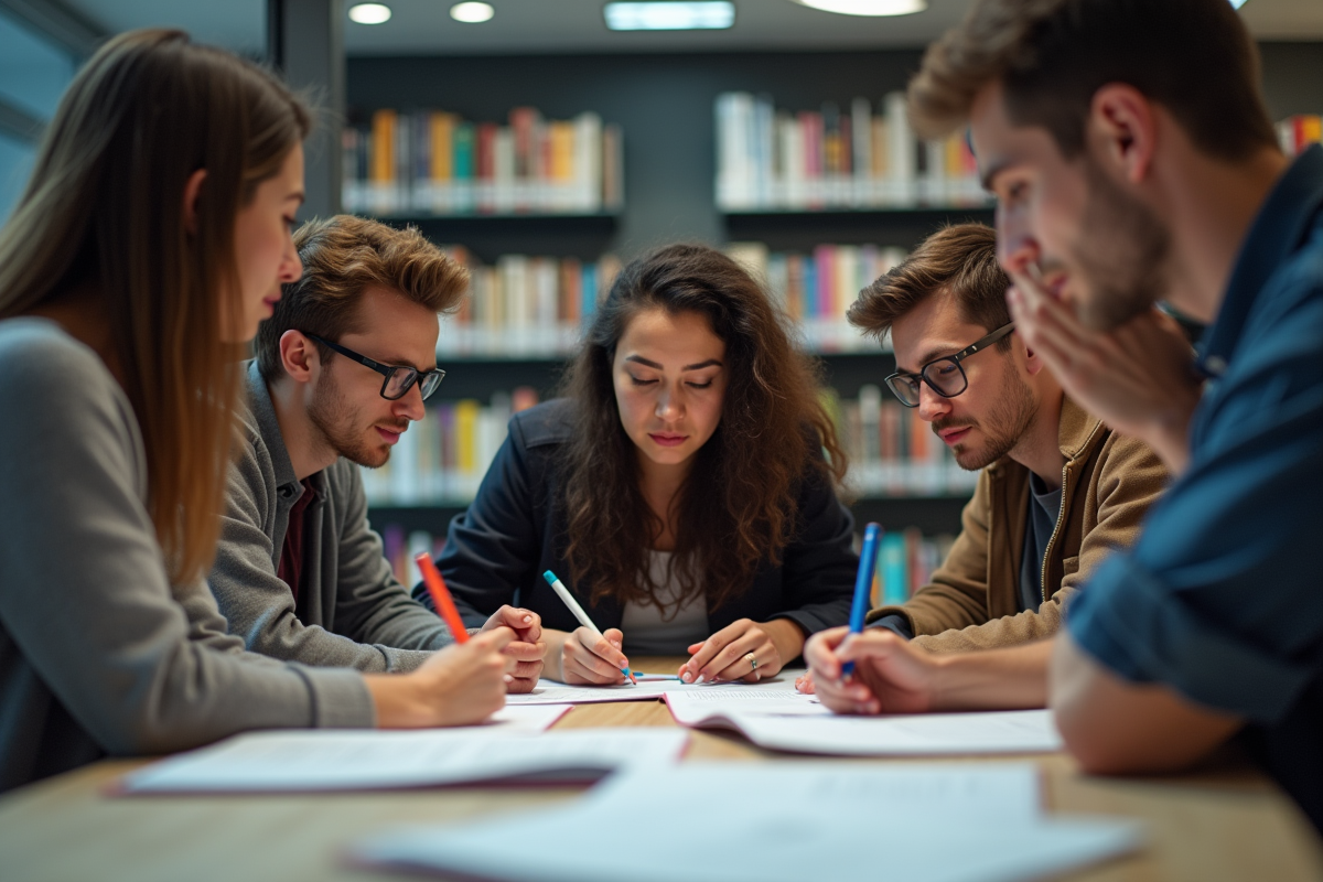 Groupe d adultes étudiants collaborant en bibliothèque moderne