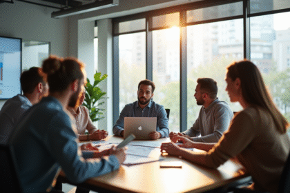 Groupe divers en formation en bureau lumineux