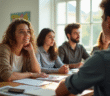 Groupe de jeunes adultes en discussion dans une salle lumineuse