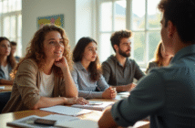 Groupe de jeunes adultes en discussion dans une salle lumineuse
